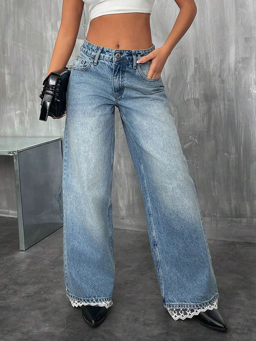 RueChic WOMEN WIDE LEG LOW WAIST JEANS HEM LACE DETAIL - Light Wash - View 1