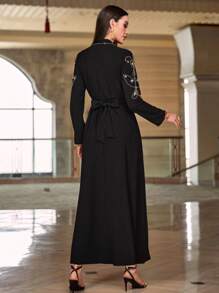 Layrah Women's Elegant Long Sleeve V-Neck Rhinestone Decorated Arabic Style Long Dress - Black - View 2