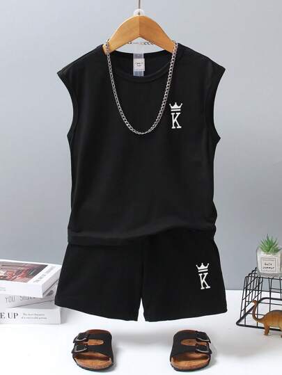 SHEIN Genkimix Kids Young Boy Summer Round Neck Cute Print Sleeveless Tank Top And Sports Shorts Set Summer Holiday