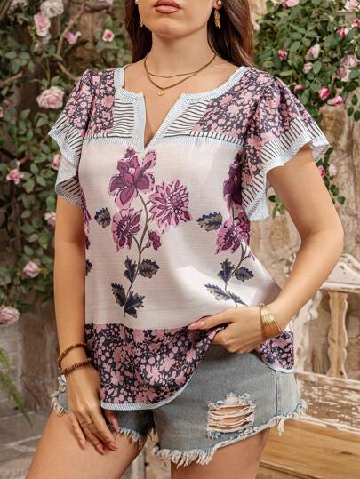 SHEIN LUNE 大码女式 V 领花卉复古印花短袖上衣，夏季、狂欢、节日、春假、波西米亚风