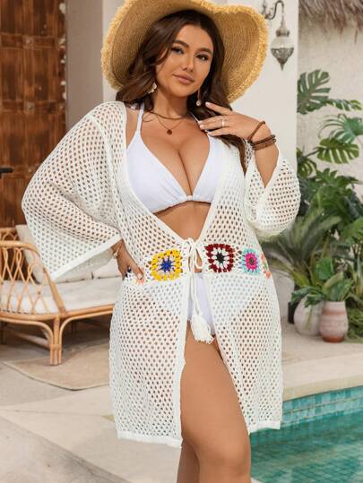 SHEIN Swim Curve Plus Size Women's Crocheted Floral 3/4 Sleeve Kimono, Casual & Simplistic For Vacation And Daily Wear For Summer