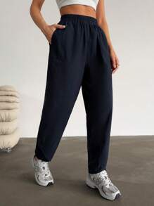 RueChic Women's Solid Color Elastic Waist Pleated Straight Leg Loose Casual Pants - Navy Blue - View 4