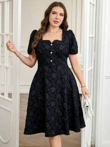 Reflora Plus Size Women's Fashion Elegant Black Square Neck Textured Fabric Short Sleeve Textured Puff Sleeve Front Button Design Waist A-Line Long Dress