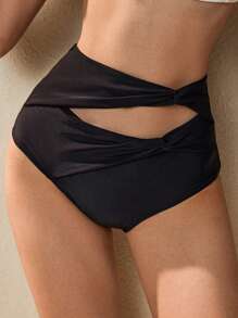 SHEIN Swim 女士简约黑色纯色泳裤，春假沙滩装 - 黑色 - 查看 1