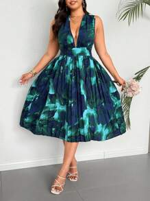 Flirla Vestido de mujer talla grande con escote en V profundo, cuello halter, espalda descubierta, plisado y personalizado, para vacaciones o fiesta, sexy - Azul - Ver 3