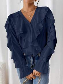 SHEIN Clasi Women's Solid Color Single Breasted Shirt With Ruffle Detail Collar & Cuffs, Fashionable Fall Cloth For Women