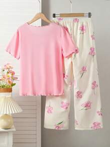 2 件套少女优雅纯紫色上衣和休闲紫色印花裤、睡衣套装 - 粉色 - 查看 2