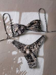 Swim Vcay Damen Sommer zufälliges Leoparden- & Muster-Muster Patchwork Bandeau Bikini-Set mit Spaghettiträgern für den Strand