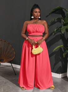 Slaydiva Damen Große Größen Oberteil mit Rüschenkanten und Paperbag Taille Weite Hose