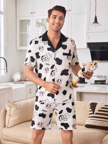 Men's Cute Cow & Letter Print Sleepwear Set - Black and White - View 4