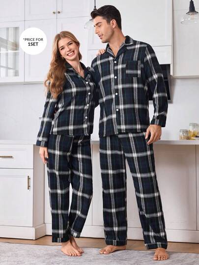 CoupledUp Casual rutig knapp ficka skjorta krage långärmad topp och långa byxor män hem outfit set