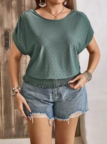 SHEIN LUNE Plus Size Women's Bohemian Short Sleeve Green T-Shirt Top For Music Festival In Spring And Summer Loose Crew-Neck Casual T-Shirt Hem Tightening Holiday Casual T-Shirt