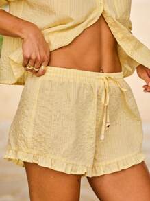 Aralina Spring Textured Striped Button Front Collared Long Sleeve Cover Up Beach Vacation Shirt Short Two Pieces Set - Yellow - View 3