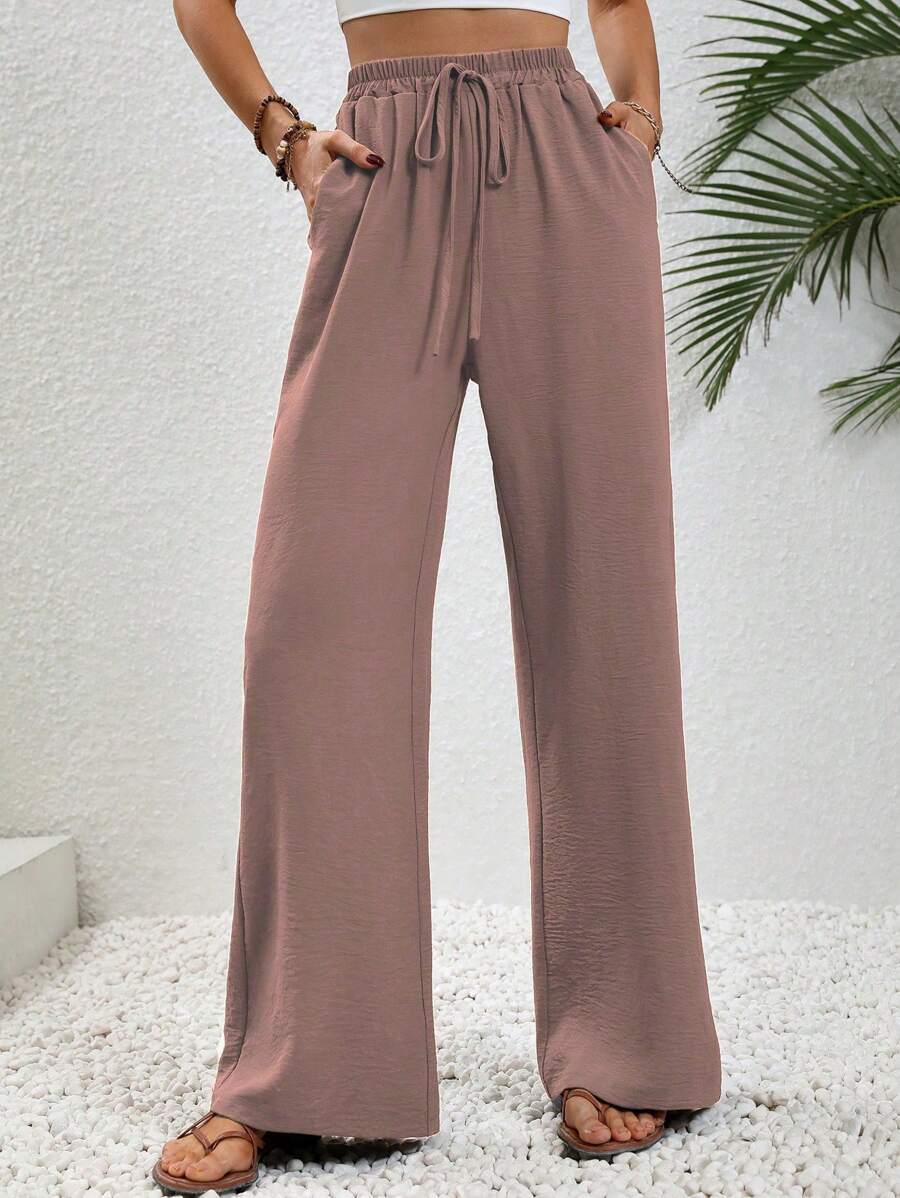 SHEIN LUNE Women's Plain Color Loose Drawstring 7/9 Length Pants, Minimalist Style Fall Cloth For Women - Dusty Pink - View 1