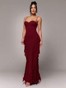 Silquee Vestido sexy y elegante de color rojo sólido con tirantes de espagueti, volantes, cola de pez, espalda descubierta, botones metálicos, flor 3D y cinta, adecuado para fiestas de cóctel, citas románticas, vestido de malla de punto, reuniones, eventos formales, vestidos de dama de honor, salidas nocturnas, vestido de Halloween, vestido de Navidad, vestido extra largo