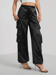 SHEIN Tall 街头服饰 春节服装 缎面工作裤 女式长裤 带 3D 口袋 - 黑色 - 查看 7