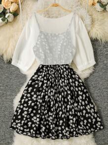 Rometta 大码女式两件套：纯色短袖上衣和雏菊印花连衣裙 - 彩色 - 查看 2