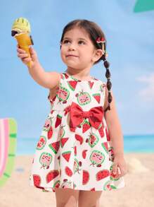 CoComelon X SHEIN 女婴可爱西瓜满身印花系带圆领无袖连衣裙 - 白色 - 查看 5