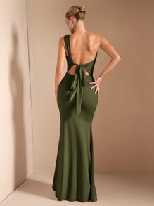 SHEIN BAE 秋季优雅女士不对称领口斜肩长袖连衣裙，适合休闲、约会、夜店、派对、圣诞节 - 軍綠色 - 查看 6