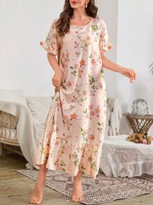 SHEIN Camisón largo con estampado floral, volantes en el bajo y babydoll, lujoso atuendo de estar en casa (Moo Moo)