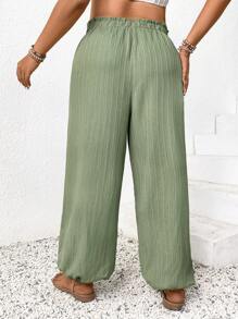 SHEIN Frenchy Plus Size Solid Color Drawstring Waist Loose Tapered Pants - Green - View 7