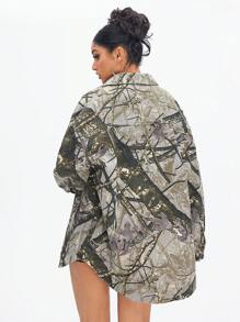 SHEIN ICON Plant Printed Button Front Pocket Denim Jacket, Suitable For Everyday Wear - Green - View 2