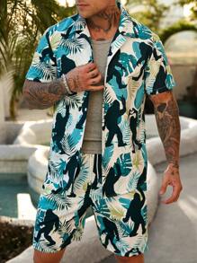 Manfinity RSRT 2pcs/Set Men's Tropical Leaf & Ape Print Button-Up Shirt And Elastic Drawstring Shorts Set, Beach Holiday Casual - Green - View 5
