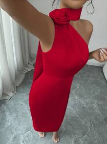 Elenzga 优雅性感法式缎带斜肩立领 3D 花腰褶修身紧身连衣裙 - 紅色 - 查看 4