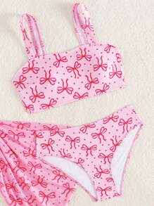 3pcs/Set Tween Girls Bowknot Print Camisole Top And Swim Bottom Tankini Swimwear Set - Multicolor - View 4