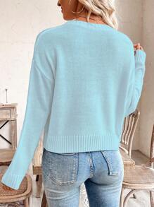 SHEIN LUNE Casual US Flag Pattern Drop Shoulder Sweater, Autumn/Winter Knit Pullover Fall - Blue - View 2