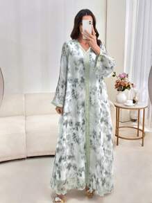 Al Najma Women's V-Neck Tie-Dye Floral Print Chiffon Elegant Maxi Dress, Turkish & Arabian Style, Modest Kaftan - Multicolor - View 1