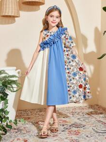 SHEIN Leap Crew Tween Girl 碎花撞色拼接不对称荷叶边下摆 A 字短袖连衣裙 - 粉色 - 查看 1