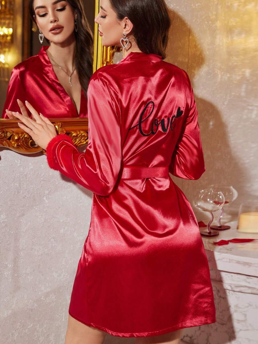 Women's Letter Embroidered Faux Silk Short Robe - Red - View 1