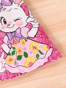 Tween Girls Loose Fit Dress With Bow, Rabbit Print, Faux Sequin Printed Sleeves, Mesh Ruffle Hem, Pink - Multicolor - View 3