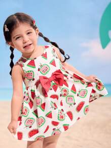 CoComelon X SHEIN 女婴可爱西瓜满身印花系带圆领无袖连衣裙 - 白色 - 查看 3