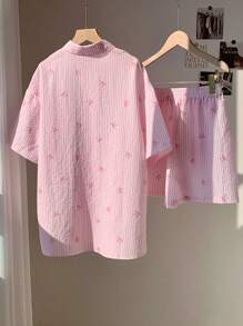 Comfortcana Plus Size Women Beach Vacation, Brunch Outfits For Women, Lounge, Casual Collared Short Sleeve Shirt & Elastic Waist Shorts 2 Pieces Set, Cute, Pink & White Summer, Spring Outfits For Women,Holiday Outfits