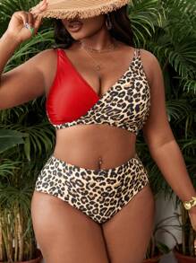 SHEIN Swim Curve Plus Size Sexy Fashionable Leopard Patchwork Triangle Top And High Waist Bottoms Bikini Set