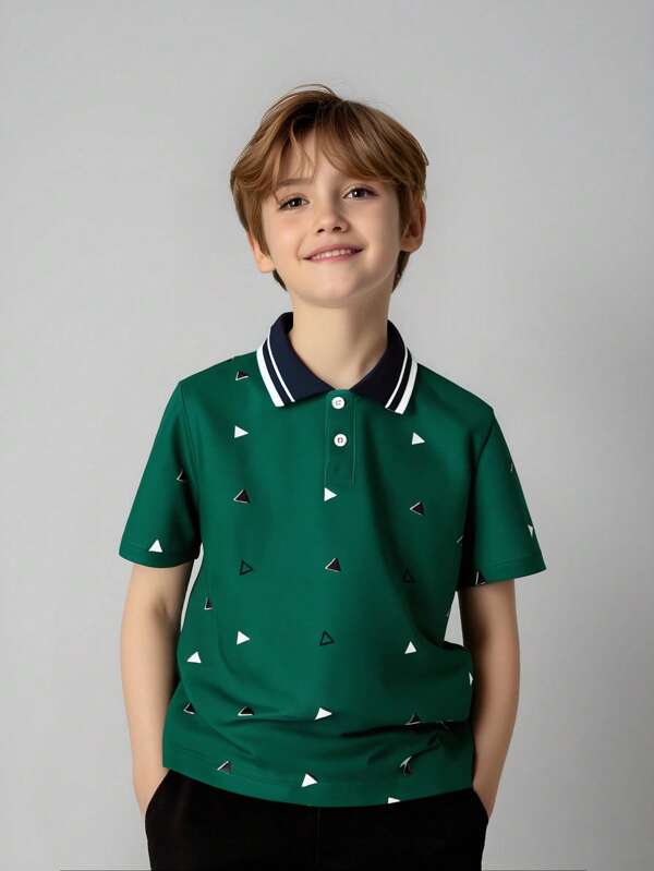 SHEIN Vacaura Tween Boy Geometric Pattern Contrast Collar Polo Shirt