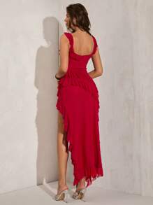 SHEIN BAE Robe de soirée romantique pour femme en rouge unicolore avec volant sur l'épaule, fente élevée sur le devant, robe élégante et sexy