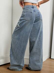 Coolane 女士夏季节日男友风垃圾摇滚运动休闲垃圾摇滚星星图案水洗牛仔裤，狂欢节阔腿牛仔裤宽松牛仔裤女士 - 藍色 - 查看 2