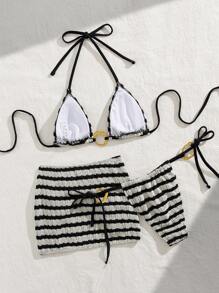 Bonvoyette 3pcs Women Spring Break Solid Color Textured Fabric Metal Decor Bikini Set For Summer Beach Vacation - Black and White - View 6