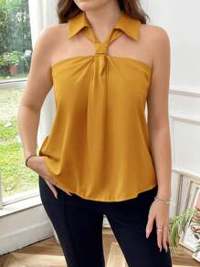 Firerie 大码女式优雅领口系带无袖衬衫，适合工作、约会、度假、INS 风格、春夏 - 黃色 - 查看 2