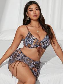 Swim SXY Plus Size 3pcs Set Geometric Retro Print Hollow-Out Adjustable Strap High Waist Swimwear With Mesh Skirt, Sexy & Elegant Beach Holiday Outfit For Women