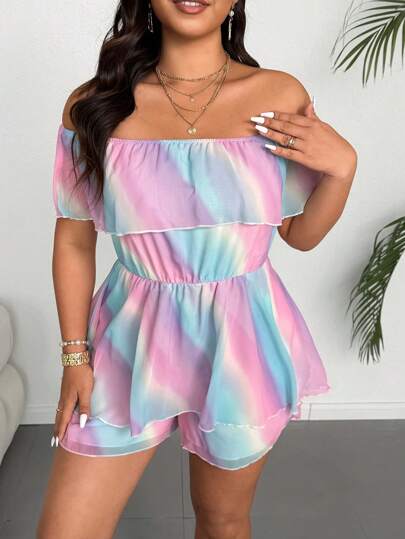 Flirla Macaquinho Casual com Recorte Ombro à Mostra e Babado com Estampa Arco-íris para Mulheres Plus Size