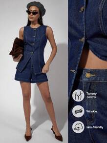 COSMINA Women's Single-Breasted Denim Vest And Shorts Casual Suit, Old Money, Vintage, Fall Women Clothes - Dark Wash - View 8
