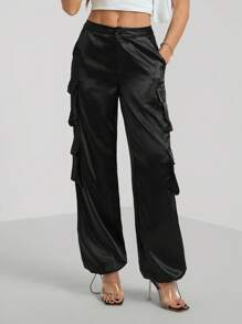 SHEIN Tall 街头服饰 春节服装 缎面工作裤 女式长裤 带 3D 口袋 - 黑色 - 查看 6