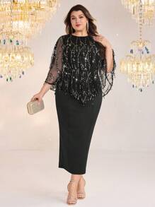 Modelyn Plus Size Elegant Party Sequined Mesh Top & Sleeveless Dress 2pcs Set