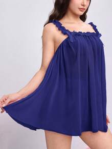 ROMWE Kawaii 女士可爱纯色娃娃装、宽松雪纺蝴蝶结装饰褶皱吊带连衣裙和内裤套装 - 藏蓝色 - 查看 2