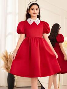 SHEIN Vestido sin mangas con cuello redondo elegante de patchwork dorado para niña preadolescente - Dorado - Ver 1