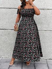 Breezaya 大码女式露肩性感露背宽松 A 字形连衣裙，带有碎花图案，优雅的波西米亚风格，适合春夏季